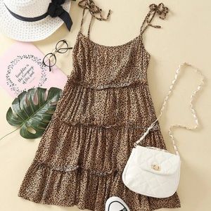 SHEIN Tie Shoulder Frill Leopard Mini Dress